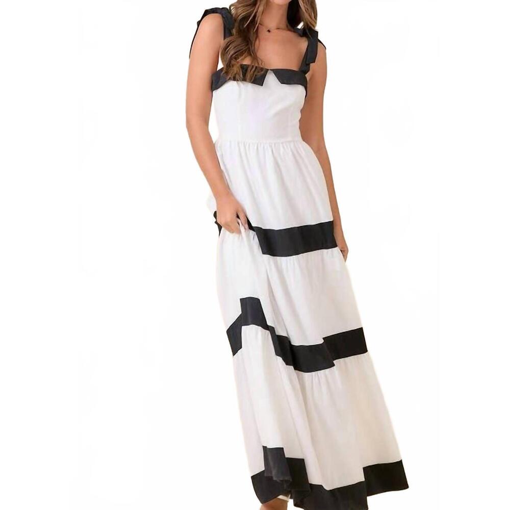 NEW MAIN STRIP summer maxi shoulder strap color block dress in white/black - Picture 2 of 4